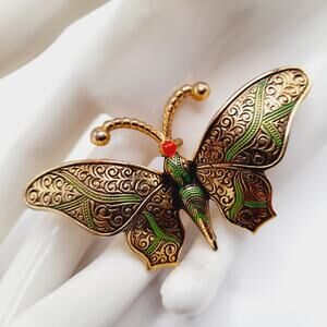 Vintage Damascene Butterfly Brooch, Gold Tone Green Black Red Enamel – 2 ¾”